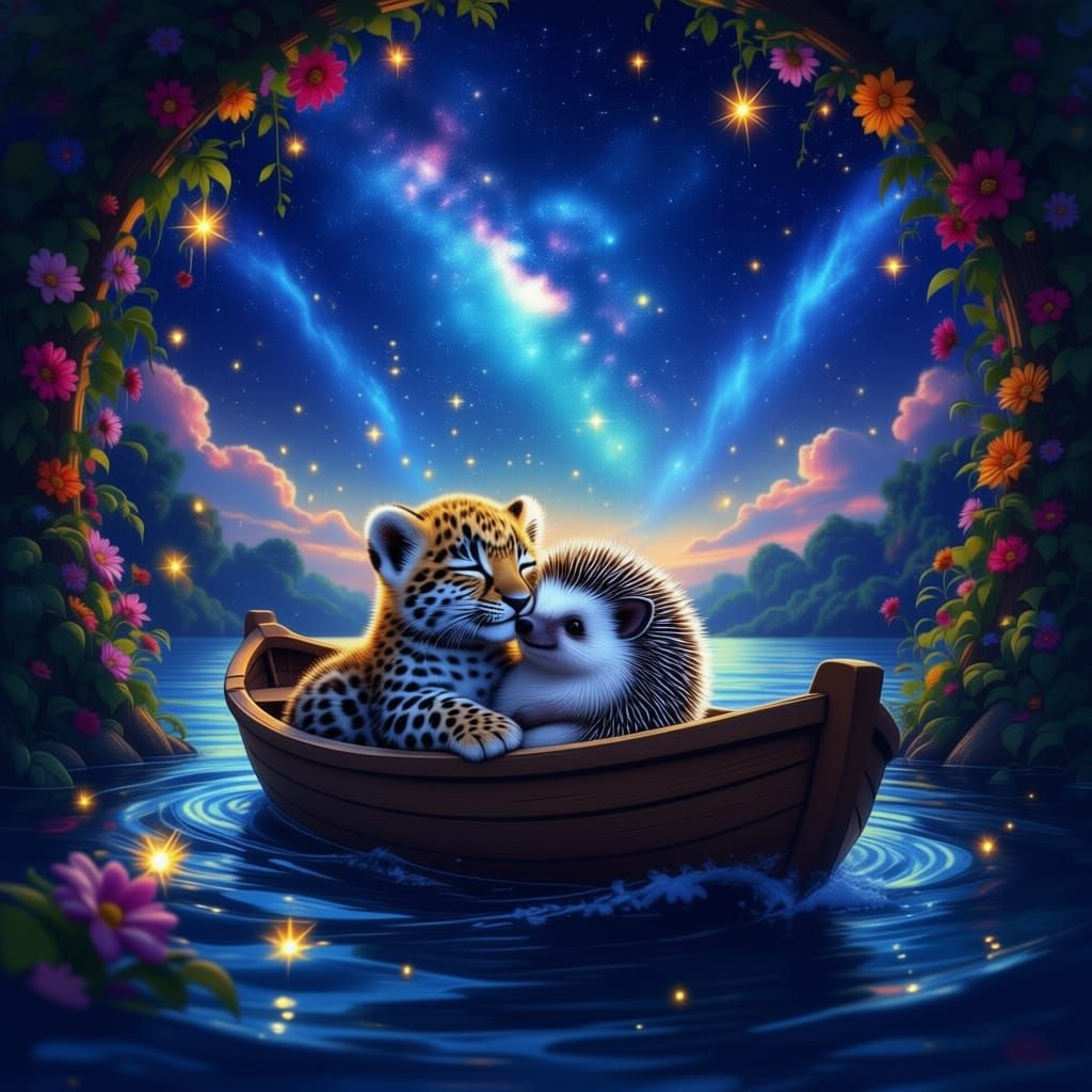 fluffy baby snow leopard and hedgehog hug in a boat, rainbow...
