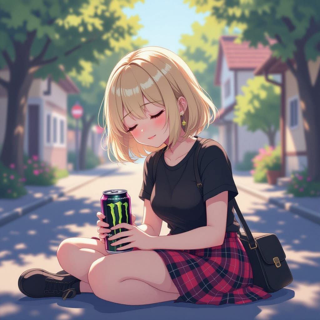Anime Girl Sleeping Peacefully on Sunlit Street