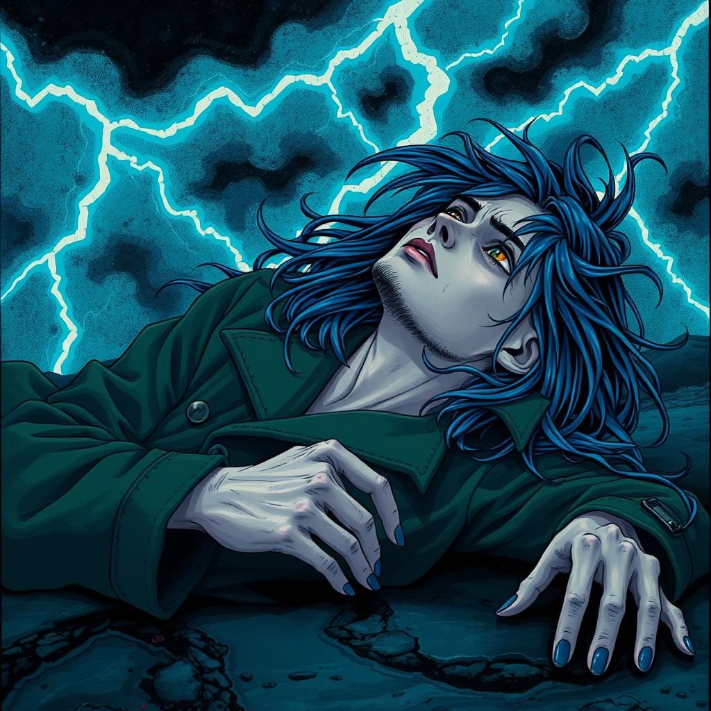 Blue-Haired Man Crying in Stormy Sky