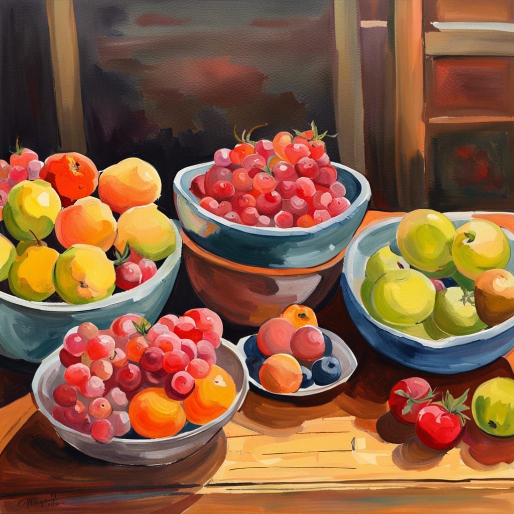 Fruit Bowls in Gouache Watercolor Impressionist Style
