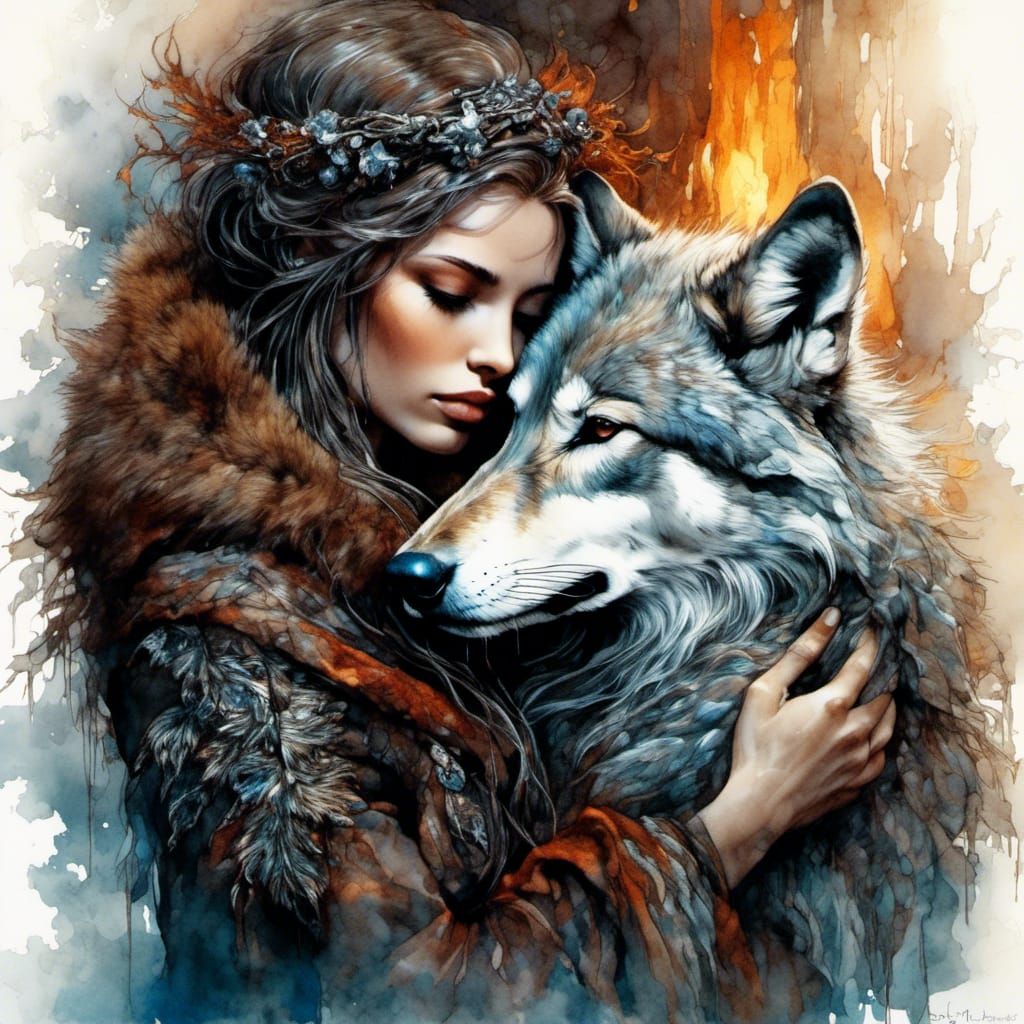Wolf Witch Cuddling Pup in Surrealist Style