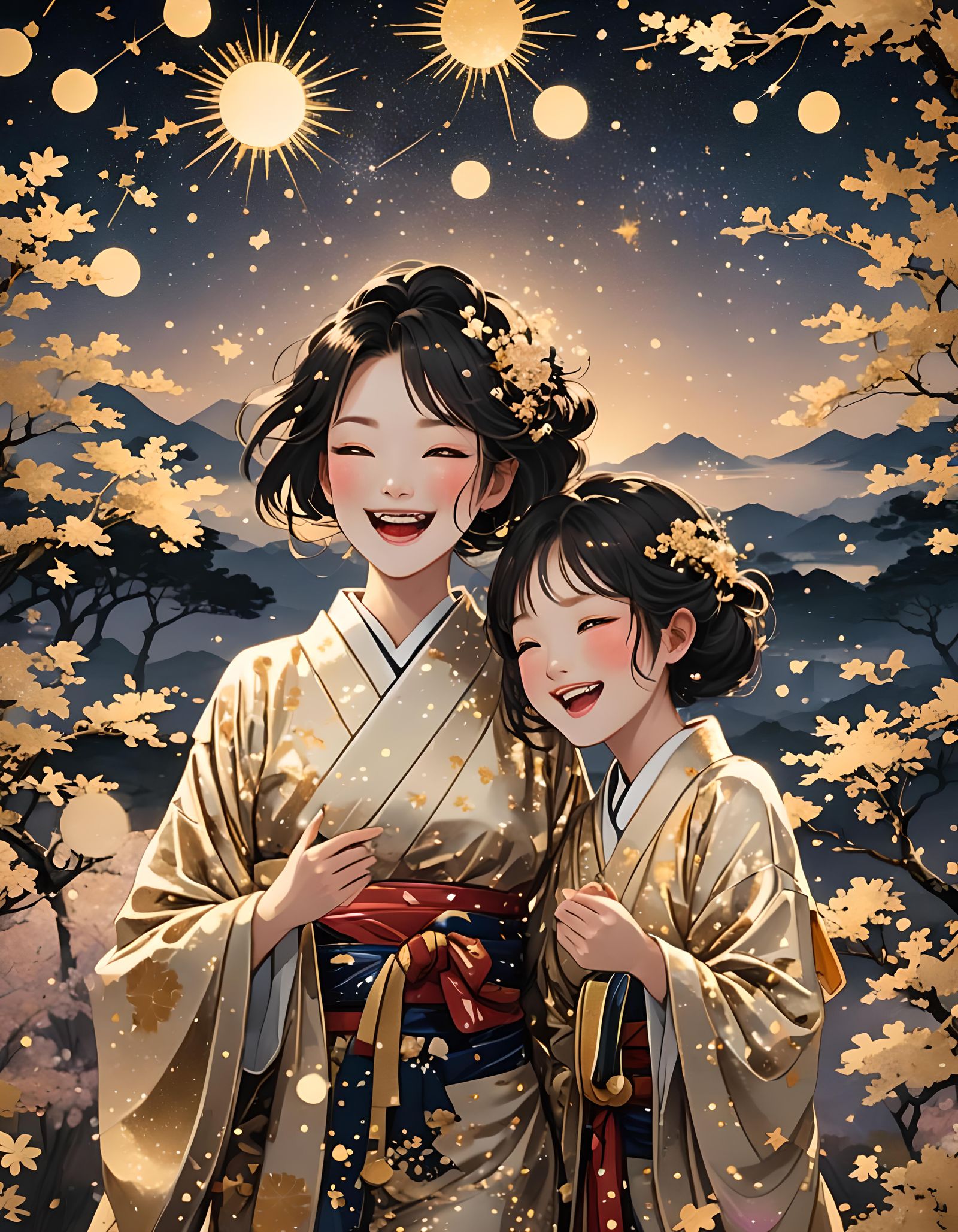 Laughing Girls in Kimonos with Golden Light
