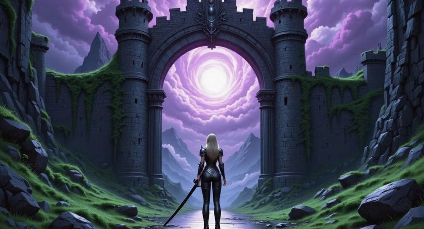 Knight at Crumbling Castle Gate in Swirling Sky