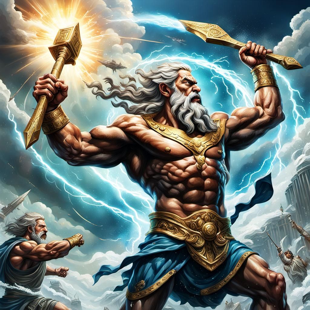 Zeus Battles Titans on Olympus: Hyperrealistic Art