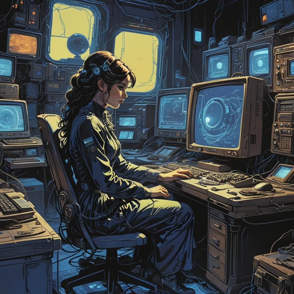 Retro-futuristic concept art. Close-up. A cluttered, worn de...