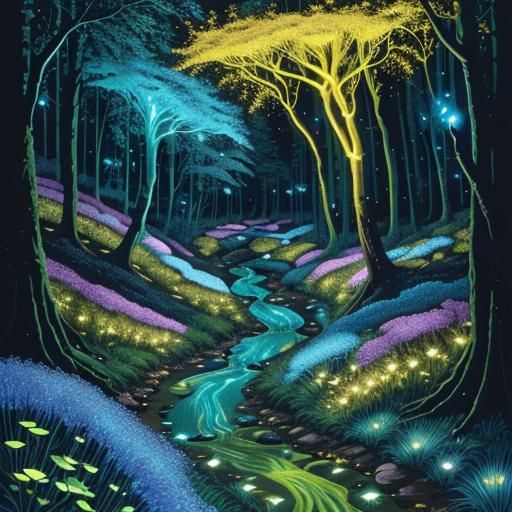 Bioluminescent Forest Stream: Fantasy Acrylic Painting