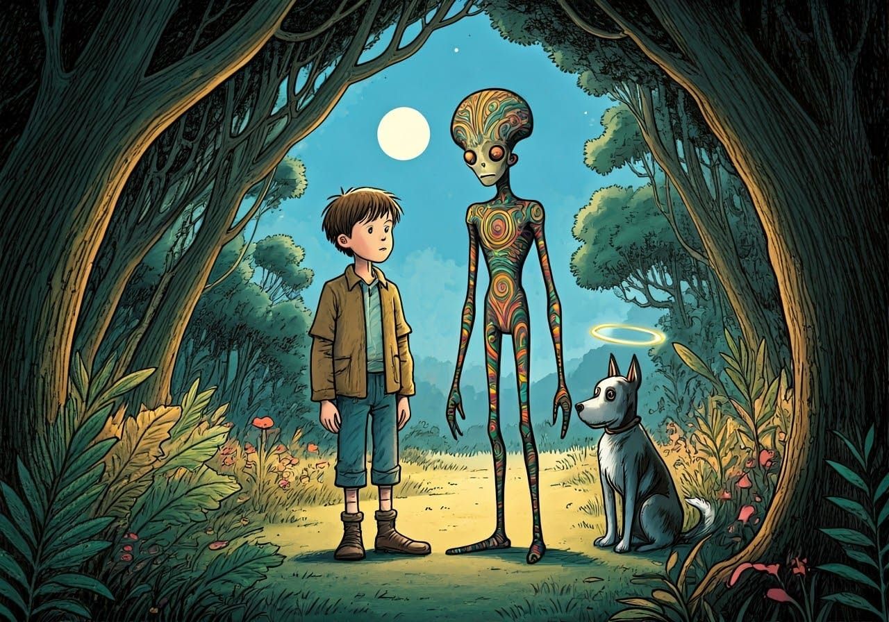 Boy, Martian, and Dog Under the Moon, in Mixed Media