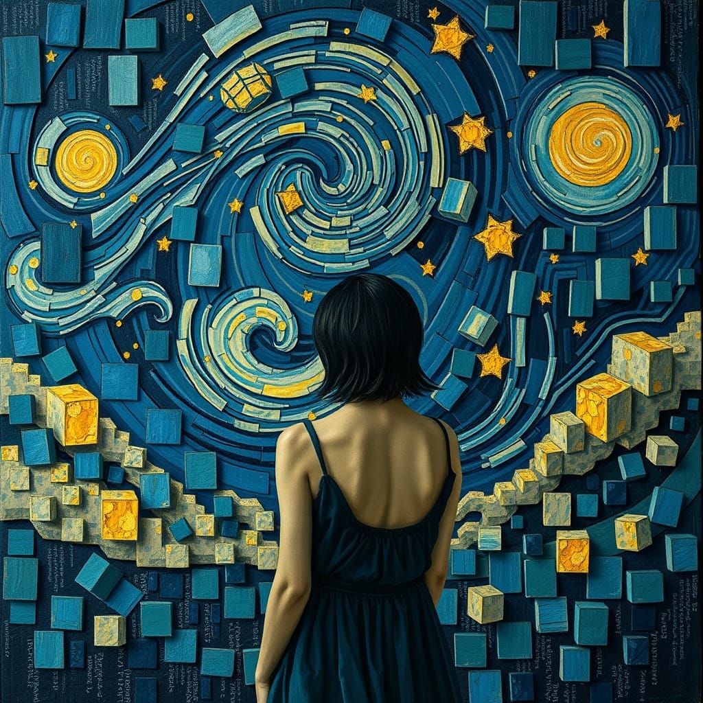Cubist Starry Night Scene with Fragmented Forms