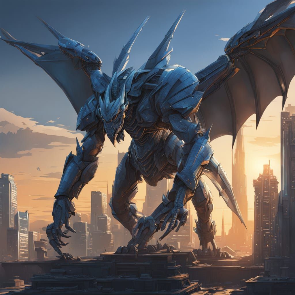 Dragon Mech Soars Through Futuristic Cityscape