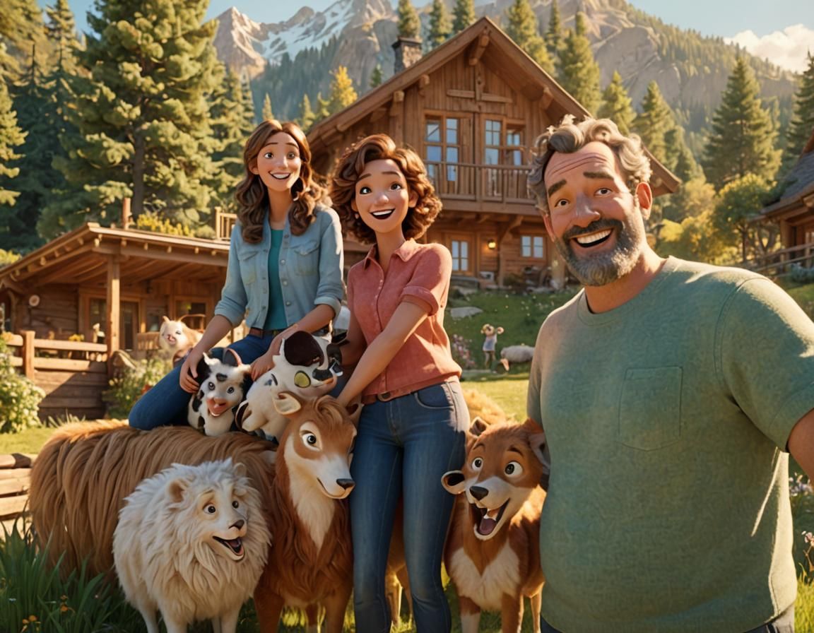 Happy Family at Mountain Home in Pixar Style