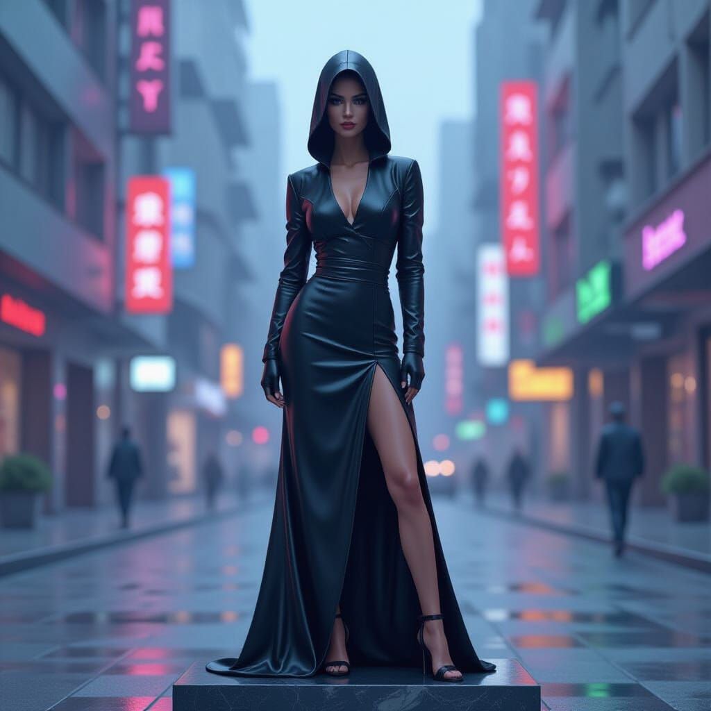 Cyberpunk Marble Statue in Neon Cityscape