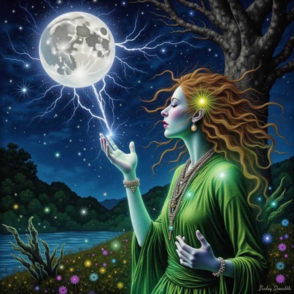Druidess Channels Earth and Stellar Energy Under Moonlight