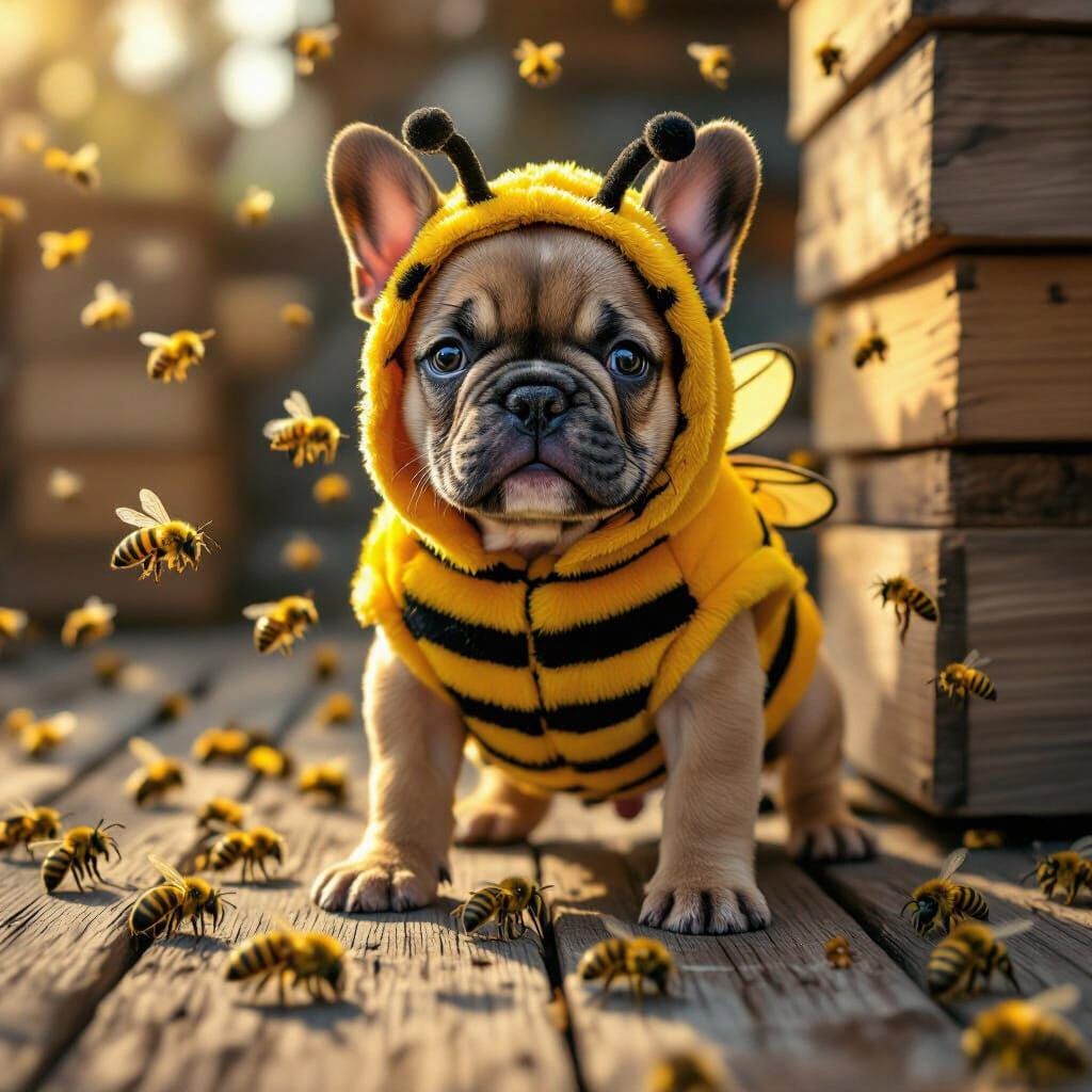 Adorable French Bulldog Puppy in Bee Costume with Honey Bees