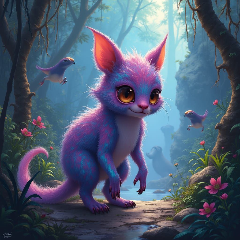 Surreal Fantasy Creature Explores Enchanted Alien Jungle
