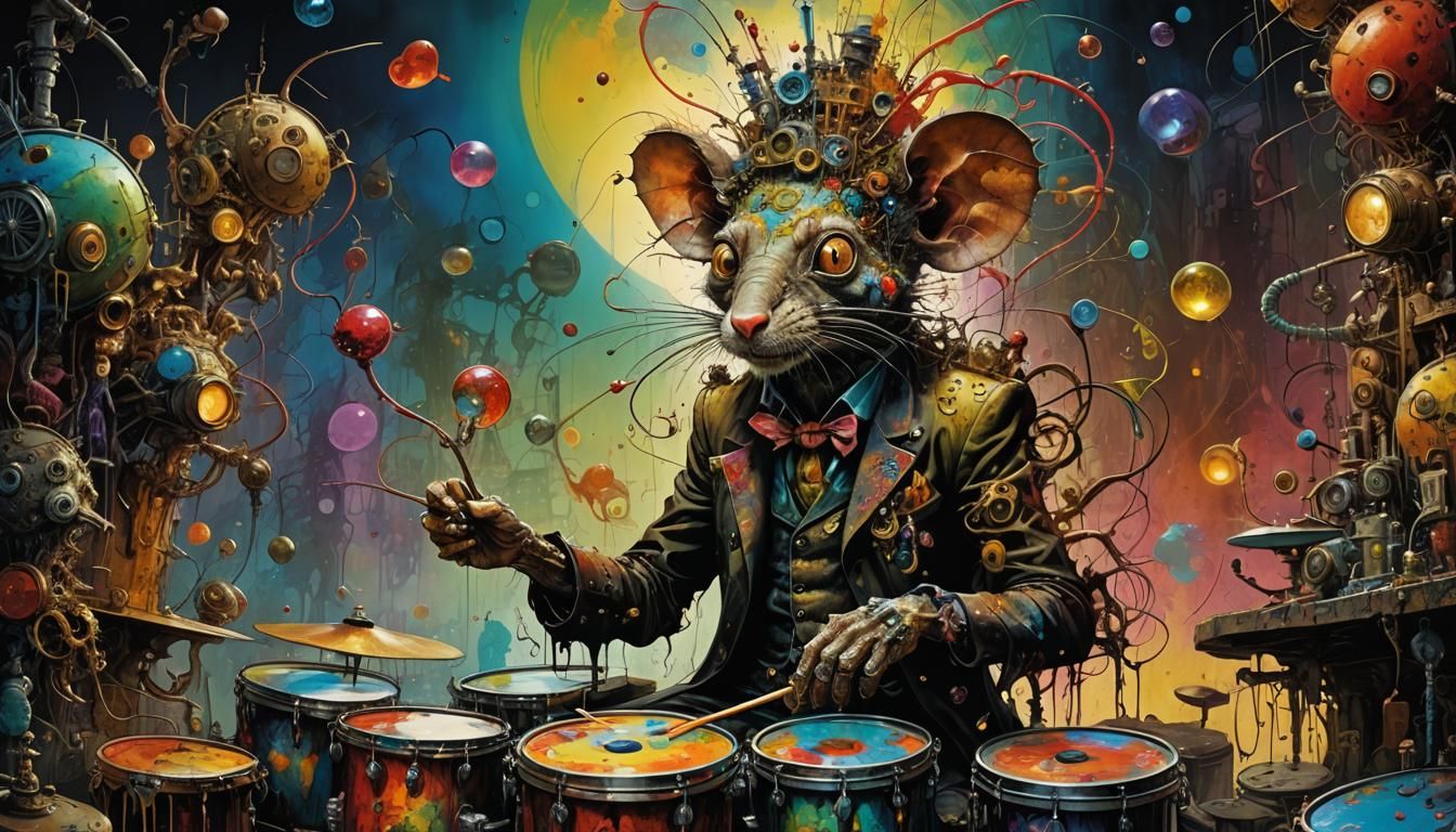 Psychedelic Steampunk Rat Drummer in Seveso Style