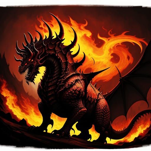 Apocalyptic Red Dragon with Seven Heads in Flames
