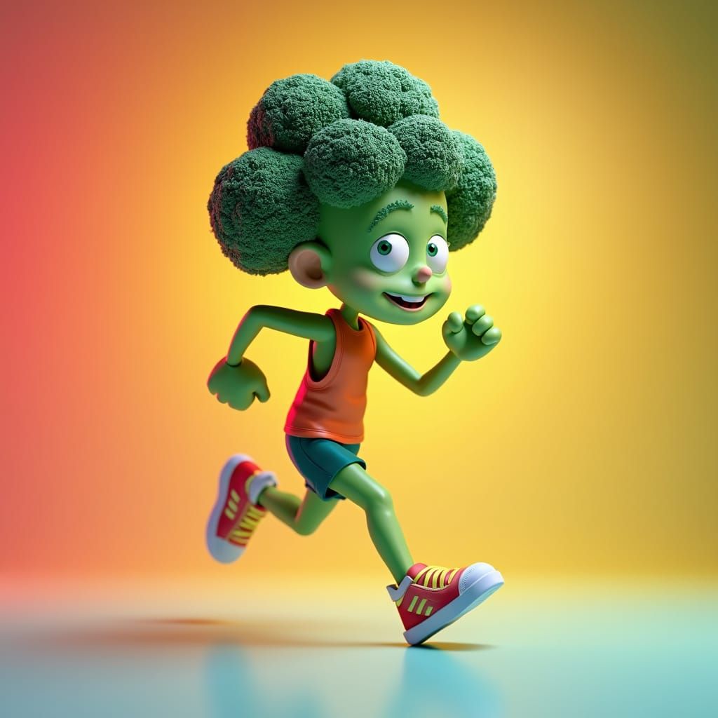 Energetic Broccoli Character in 3D Digital Art Style