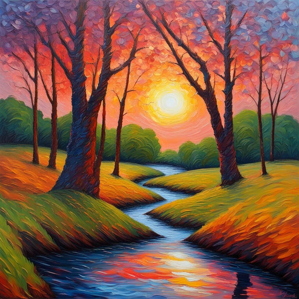 Expressionist Sunset Stream in Impasto Oil Painting