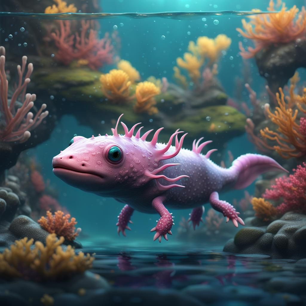 Cute Axolotl in Ocean: Detailed Fantasy Art