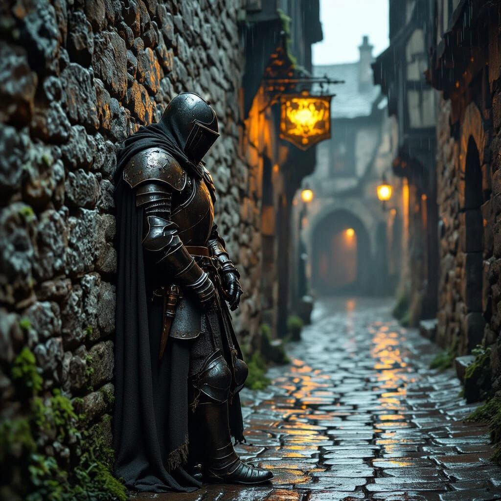 Weary Knight in Dim Medieval Alleyway