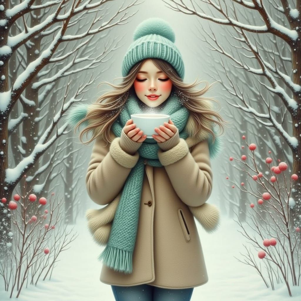 Smiling Woman in Snowy Garden, Festive Warmth