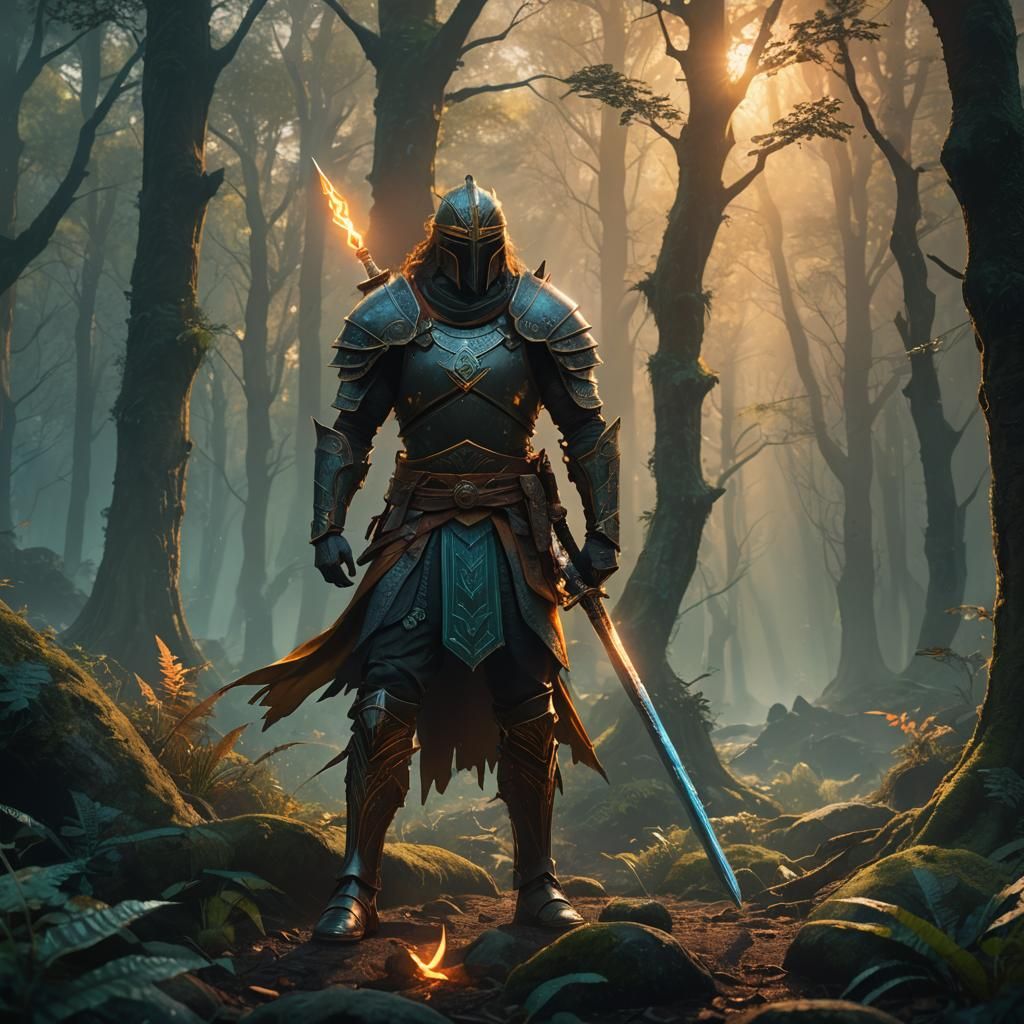 Dark Fantasy Warrior in Mystical Forest Concept Art