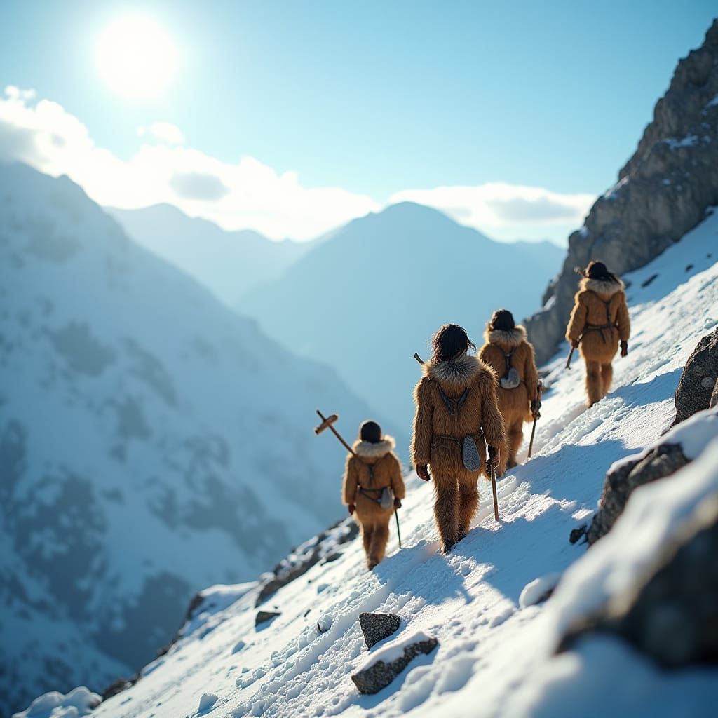 Early Humans Hike Snowy Mountain, Professional Photography