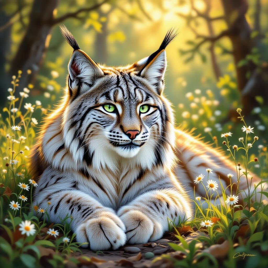 Majestic Lynx Rests in Sunlit Forest Clearing