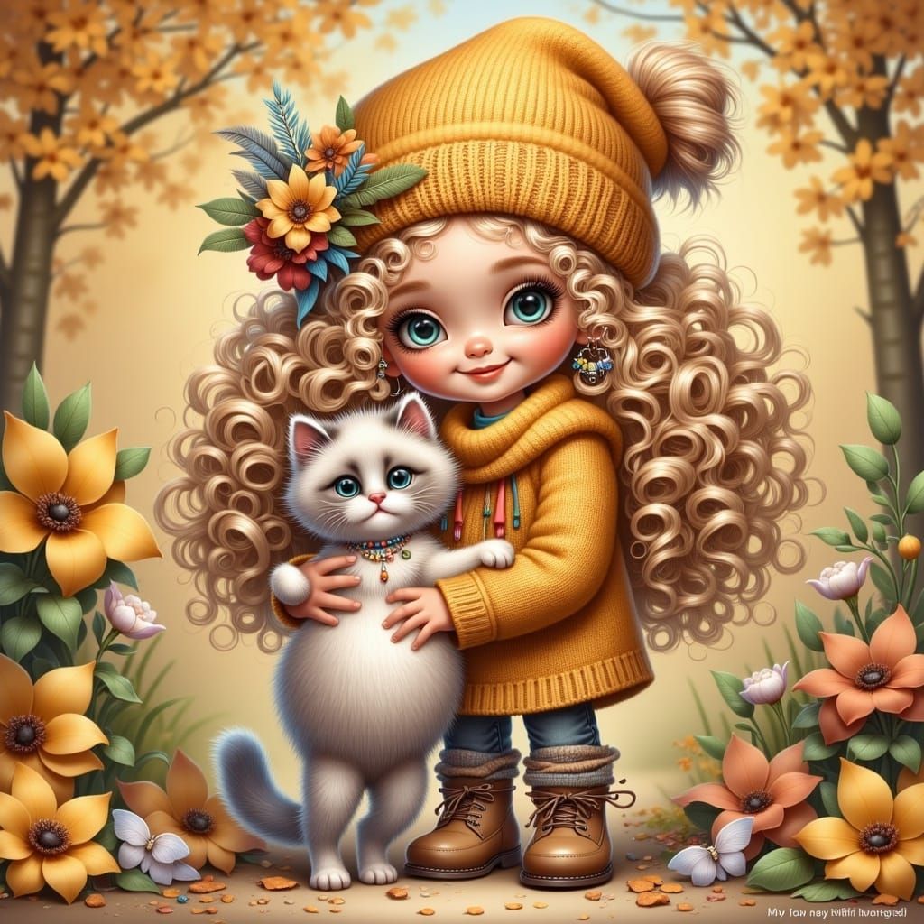 Whimsical Autumn Child Portrait with Cat and Flowers