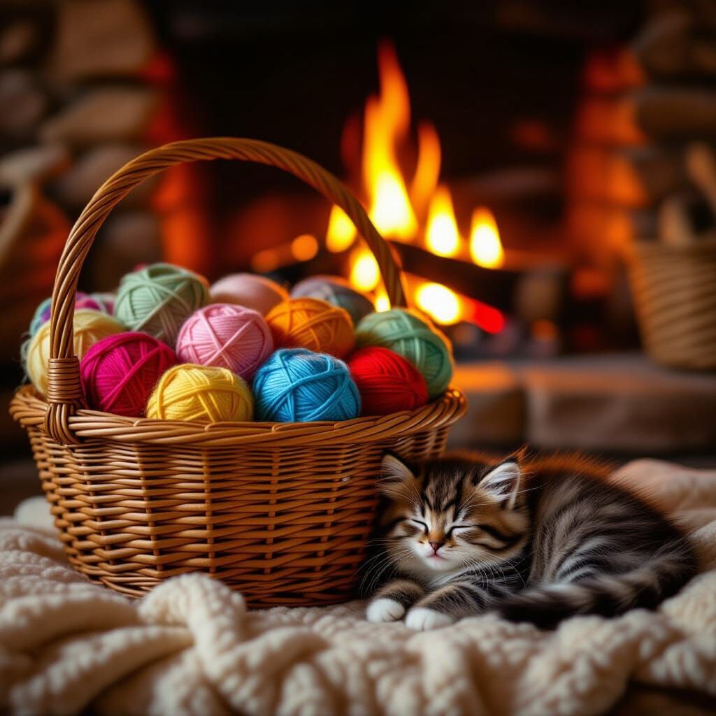 Cozy Scene: Yarn Basket, Fireplace, and Napping Kitten