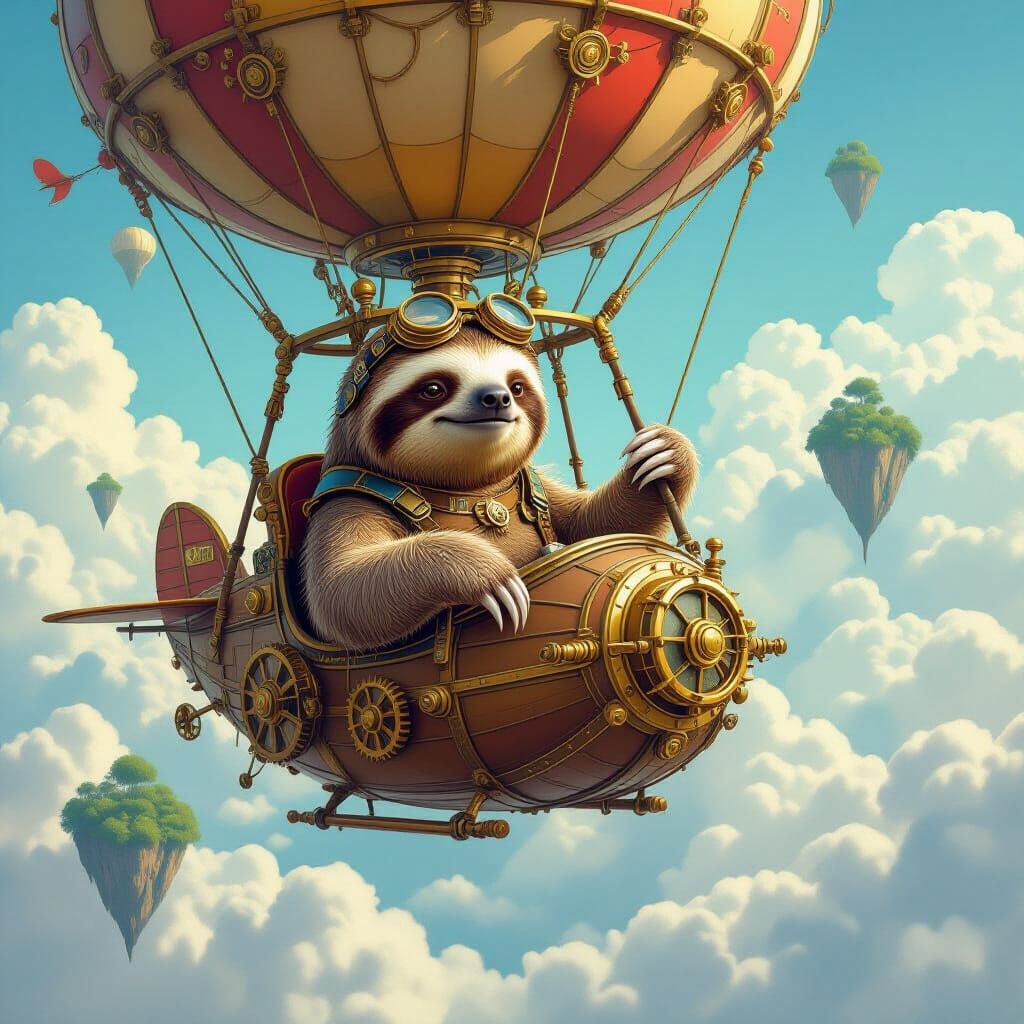 Steampunk Sloth Pilots Dirigible Above Floating Islands