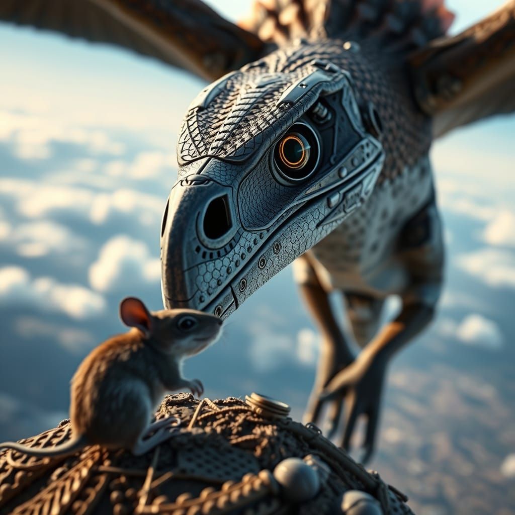 Robotic Raptor Hunts Mouse: Sci-Fi Aerial View