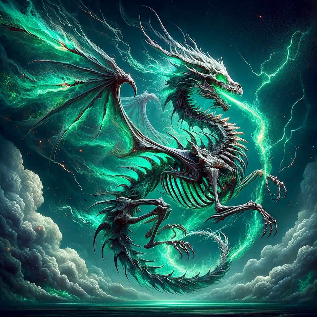 Dragon Skeleton Emerging From Green Fire in 8K