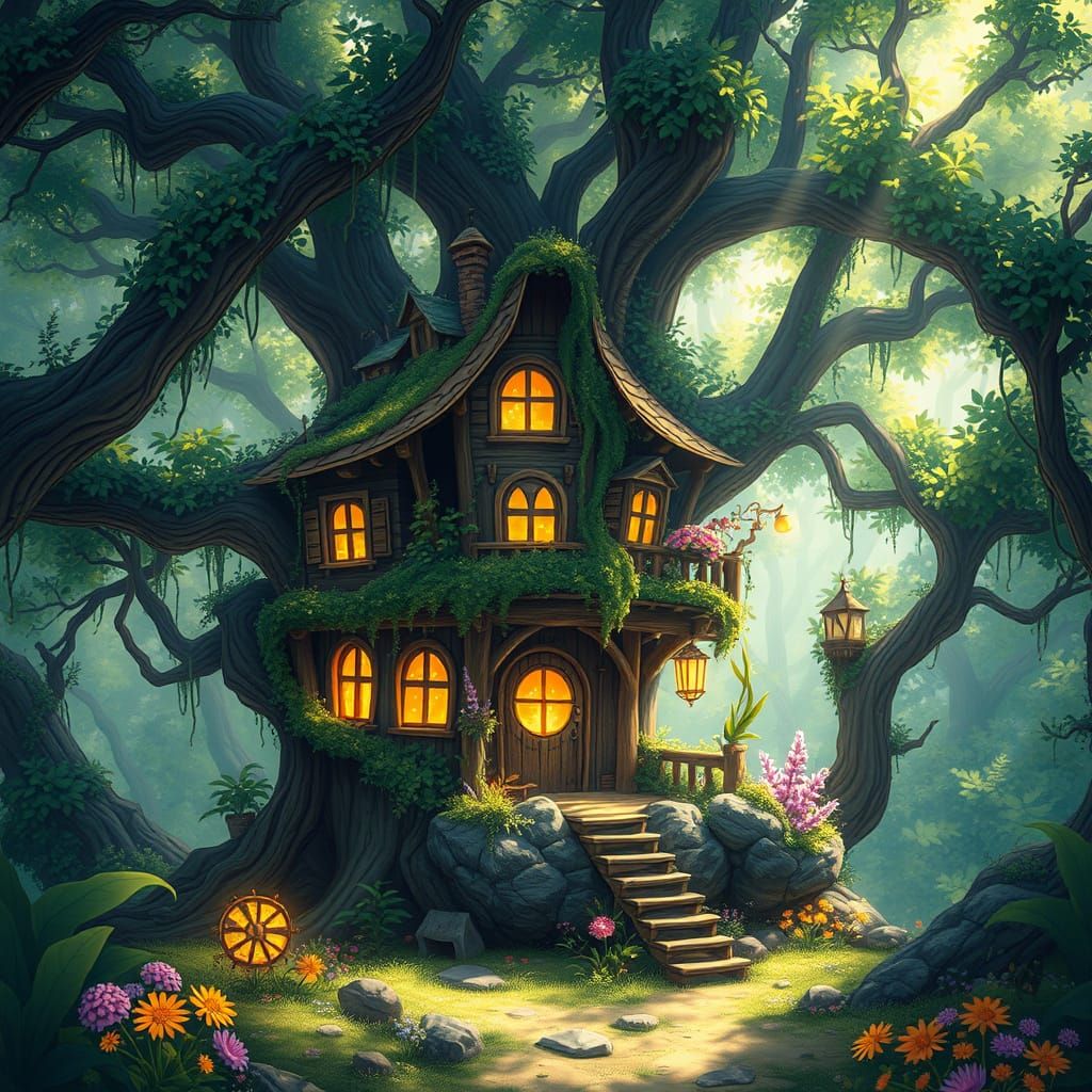 Enchanted Overgrown Treehouse in Magical Forest