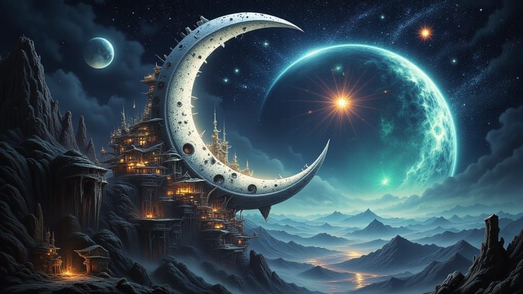 Grunge Art of a Futuristic City in a Shimmering Silver Cresc...