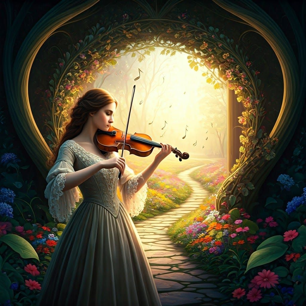 Ethereal Violinist in a Vibrant Floral Portal
