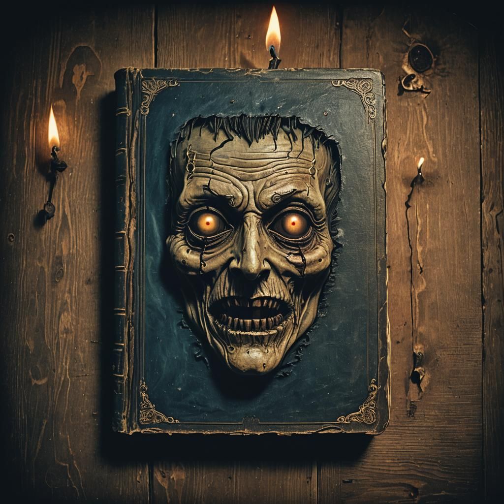 Creepy Book with Twisted Face in Dark Surrealism
