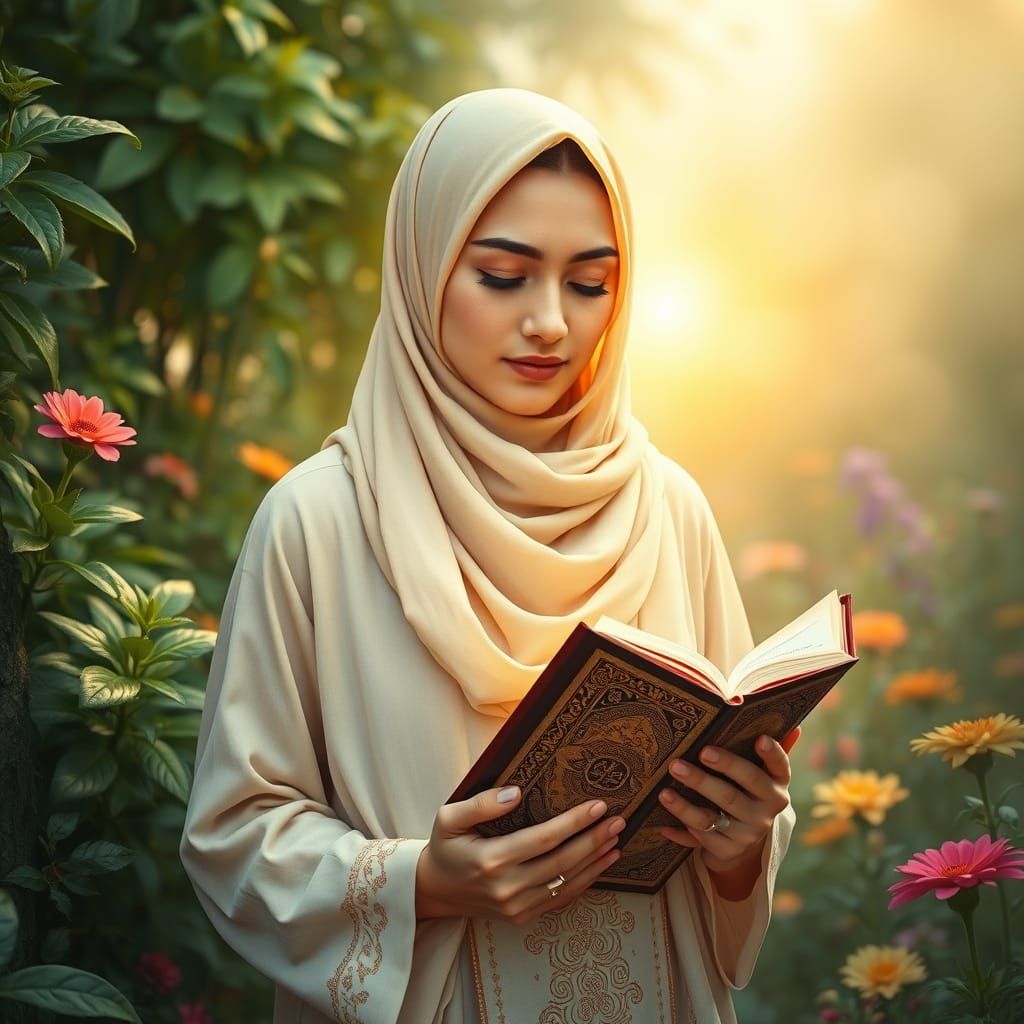 Serene Devout Woman in Islamic Garden Sanctuary