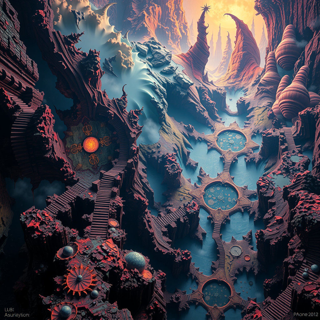 Surreal Fractal Landscapes in a Dark Mystical Style