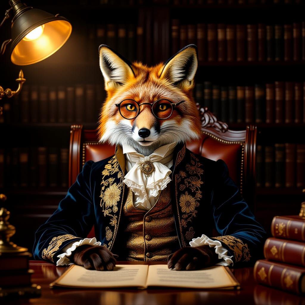 Regal Fox Scholar at Desk, Dramatic Spotlight