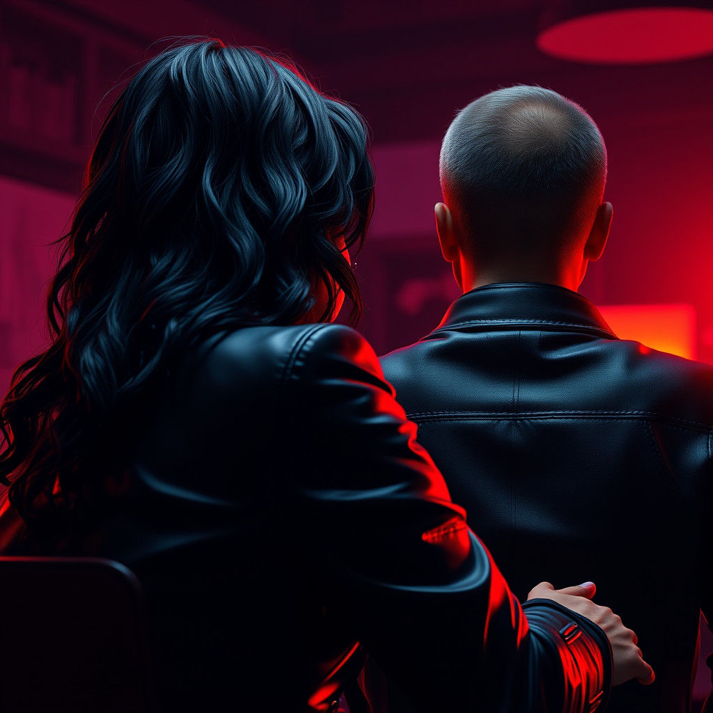 Sci-Fi Noir: Woman in Leather Jacket, Red Night Effect