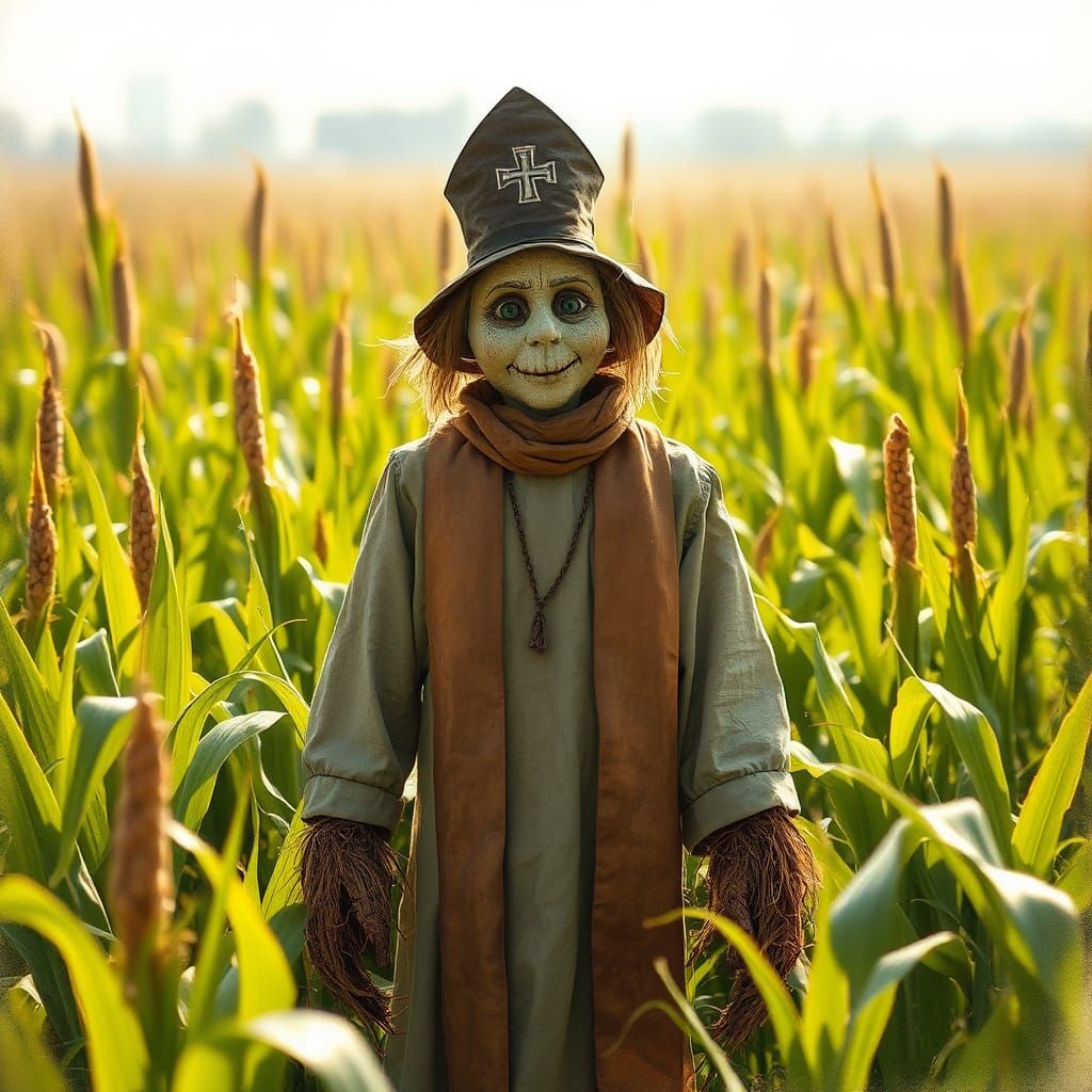 Priest Scarecrow in Impressionist Cornfield