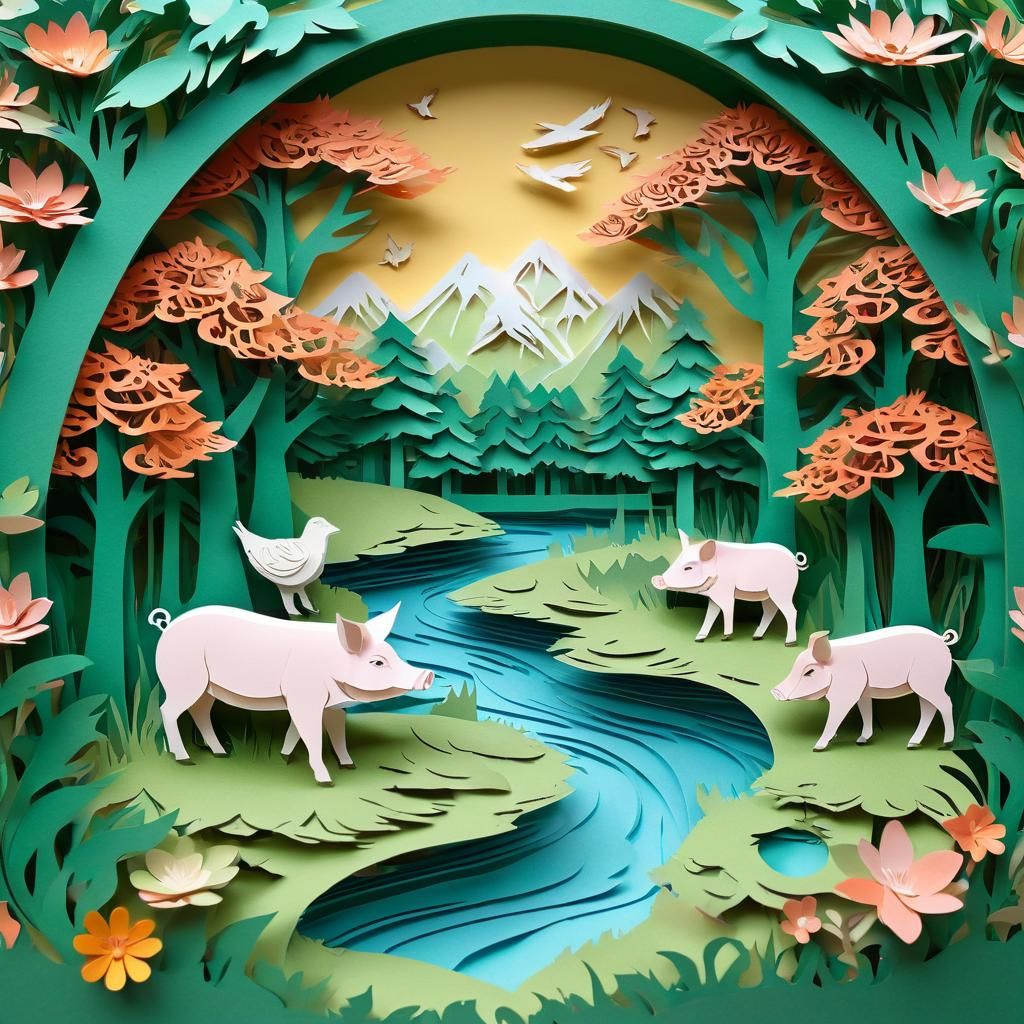 Three Little Pigs' Homes in Kirigami Style