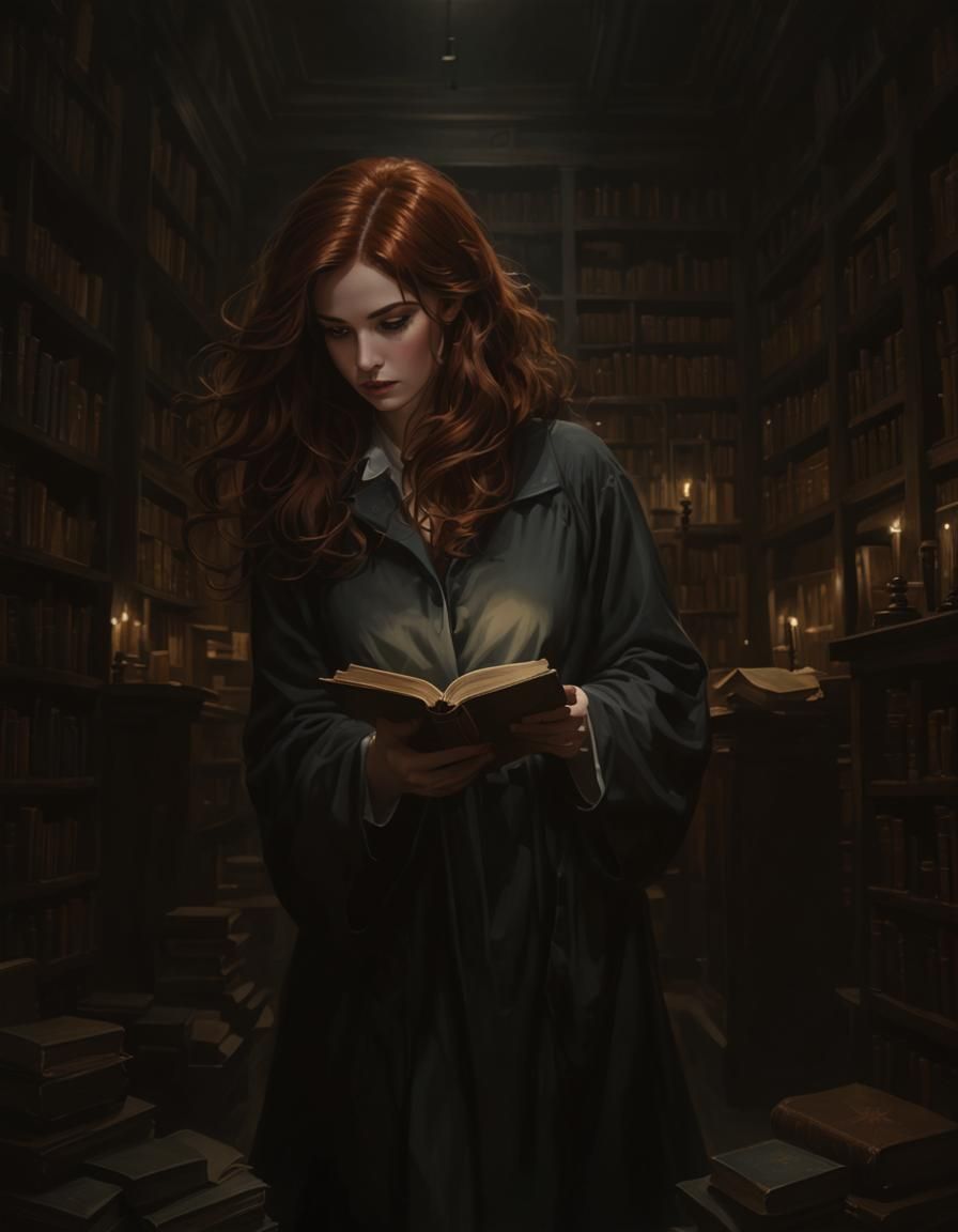 Noir Library Labyrinth Painting of Auburn Librarian