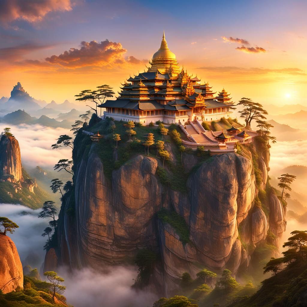 Golden Rock Temple at Sunrise: Digital Matte Painting