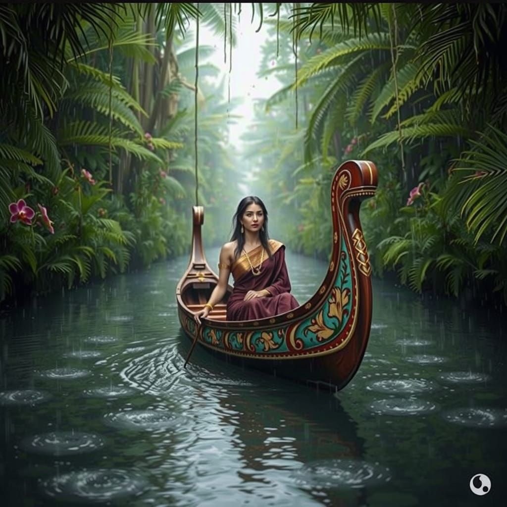 Indian Woman in Canoe on Tropical River