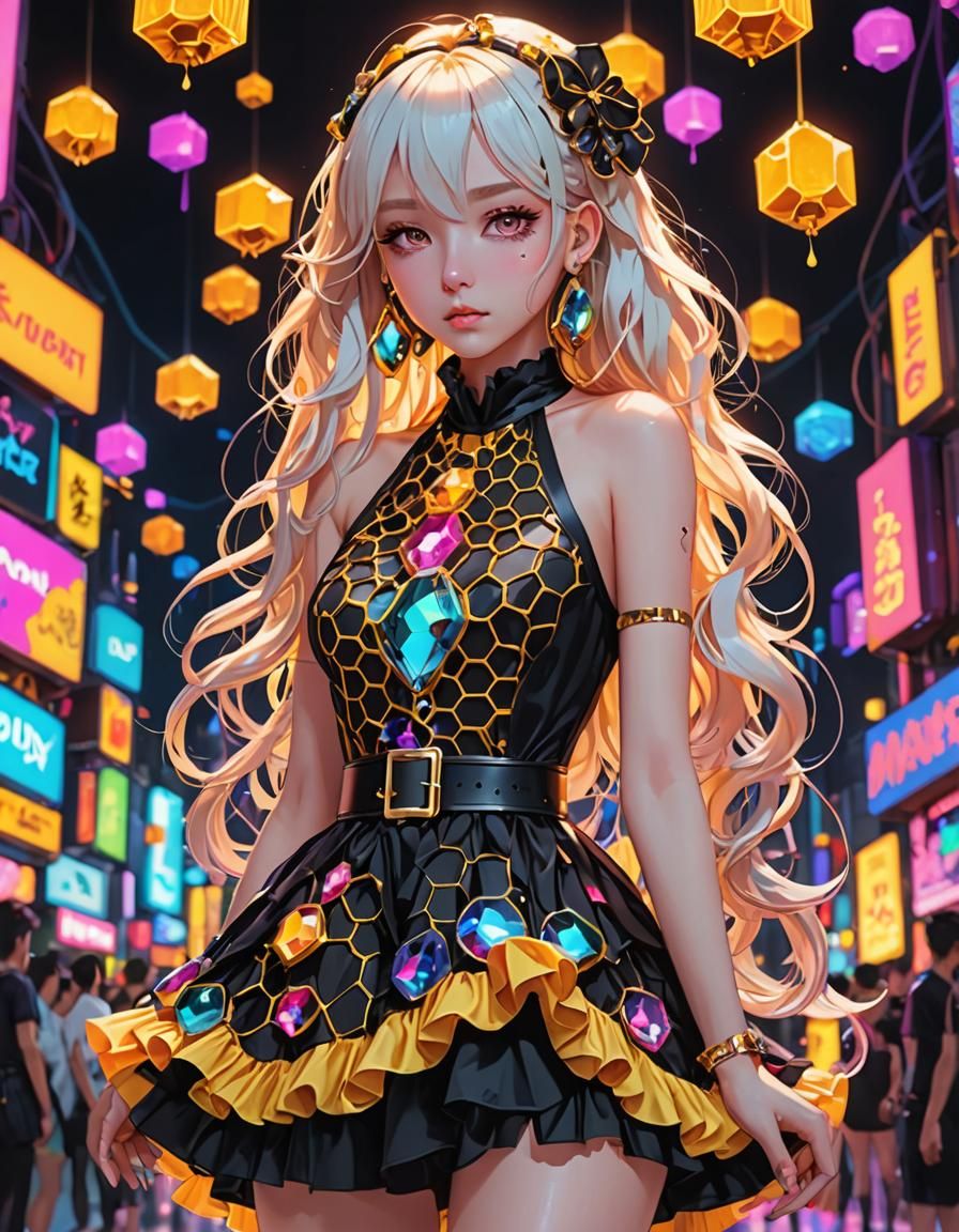 Neon Pastel Goth Dress with Honeycomb in Anime Style
