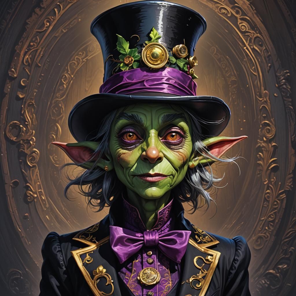 Goblin in Willy Wonka Attire: Dark Fantasy Portrait