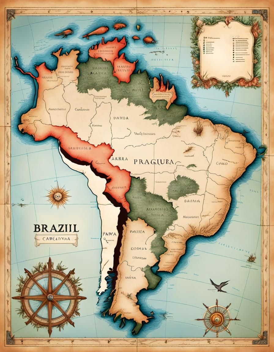 Medieval Cartography Map of Brazil with Wildlife