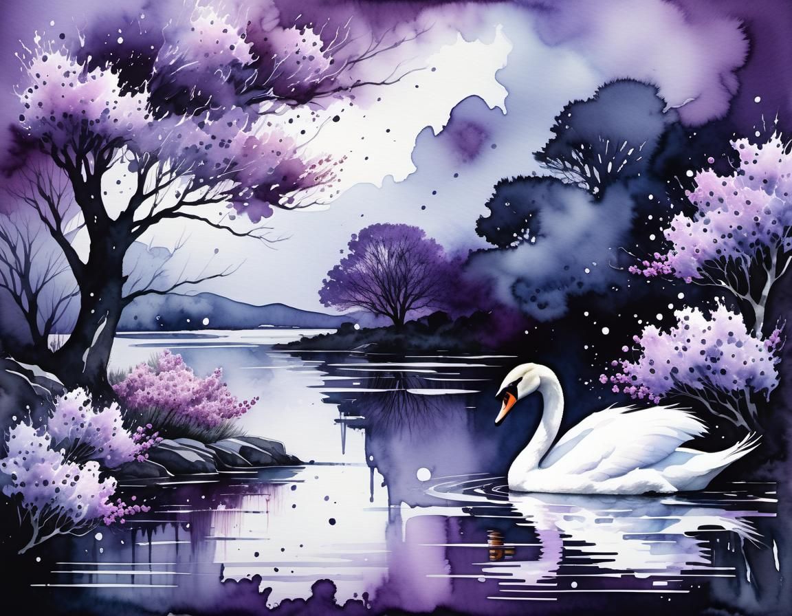 Swan in Stormy Lilac Tree: Watercolor Art